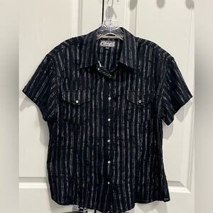 Cowgirl Hardware Black Short Sleeve Button Down Metallic Pinstripes XL Western